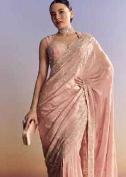 Pink Satin Saree With Scalloped Embroidery