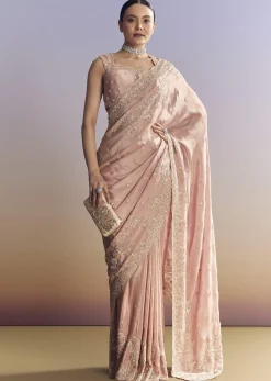 Pink Satin Saree With Scalloped Embroidery