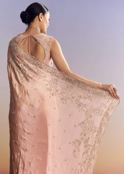 Pink Satin Saree With Scalloped Embroidery