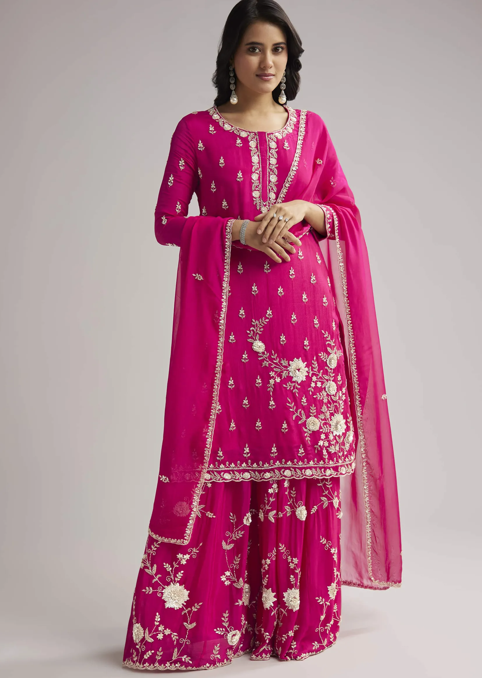 Pink Sequin Embroidered Palazzo Set With Dupatta