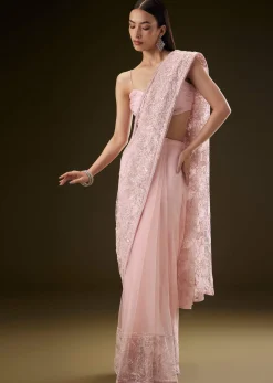 Pink Sequins Saree With Ruched Blouse