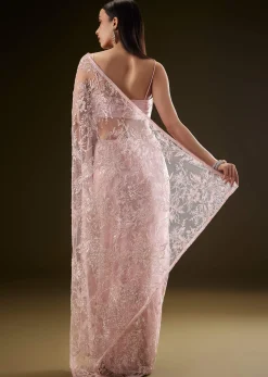 Pink Sequins Saree With Ruched Blouse