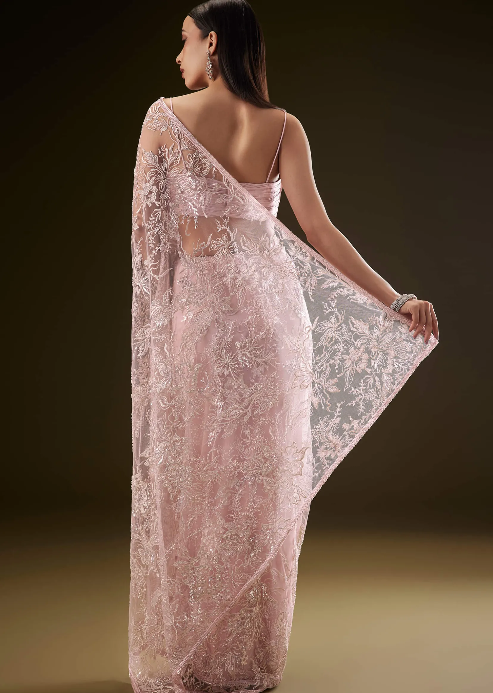 Pink Sequins Saree With Ruched Blouse