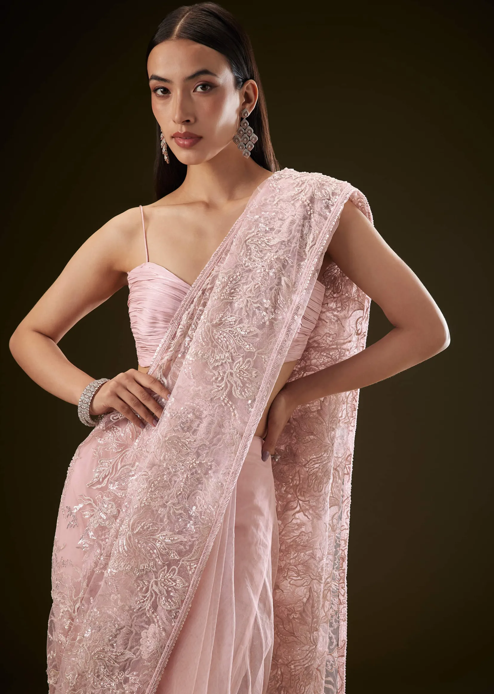 Pink Sequins Saree With Ruched Blouse