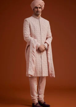 Pink Sherwani Set With Hand Embroidery And Dupatta