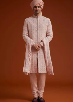 Pink Sherwani Set With Hand Embroidery And Dupatta