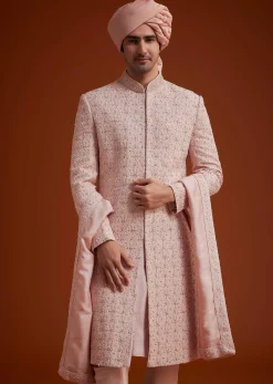 Pink Sherwani Set With Hand Embroidery And Dupatta