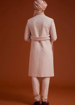 Pink Sherwani Set With Hand Embroidery And Dupatta