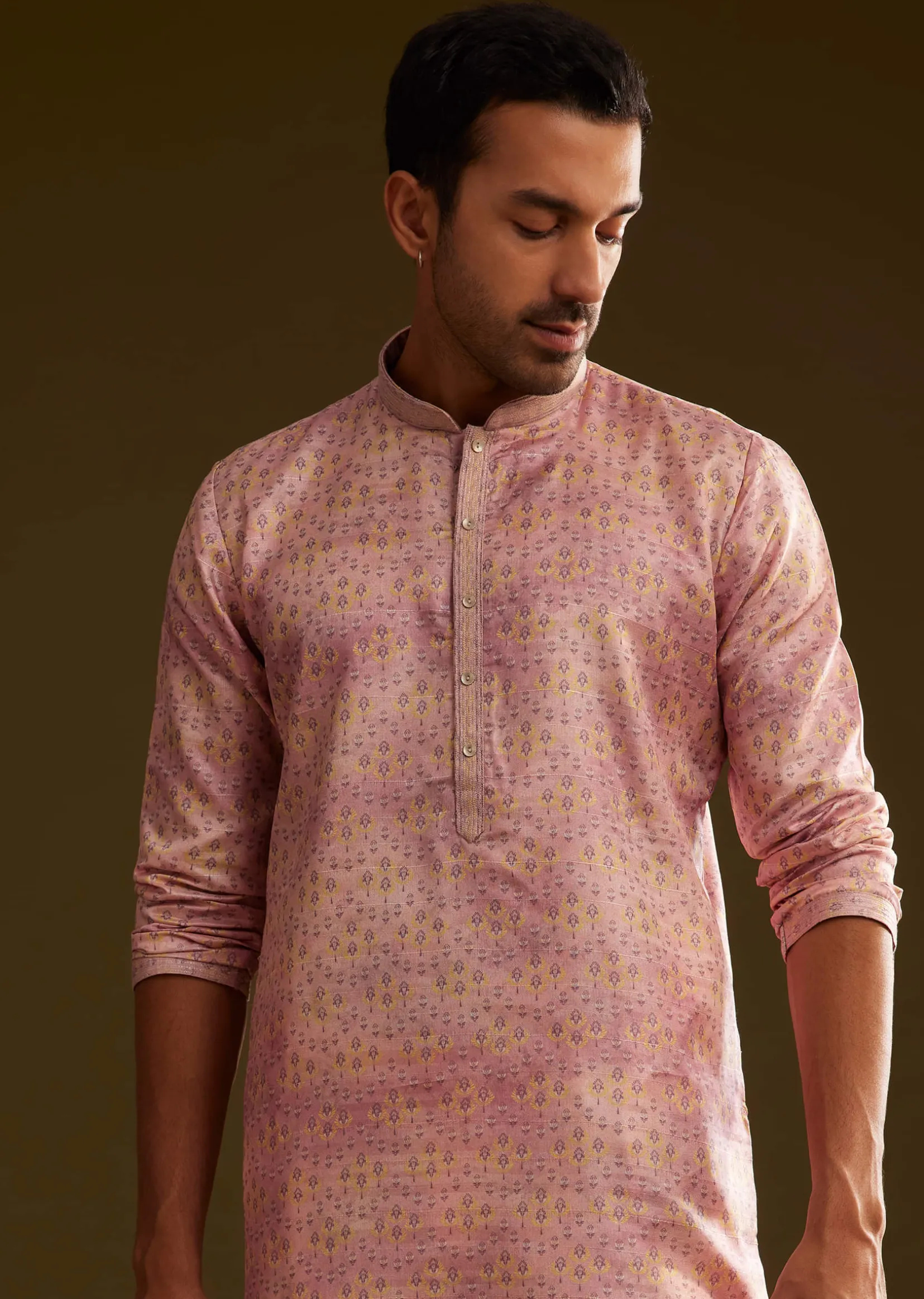 Pink Silk Abstract Printed Kurta Set