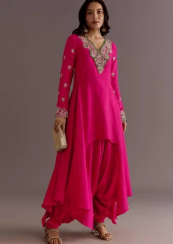 Pink Silk Asymmetrical Zardosi Work Kurta Dhoti Set