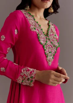 Pink Silk Asymmetrical Zardosi Work Kurta Dhoti Set