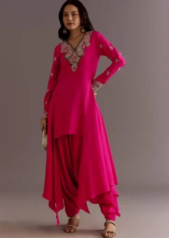 Pink Silk Asymmetrical Zardosi Work Kurta Dhoti Set