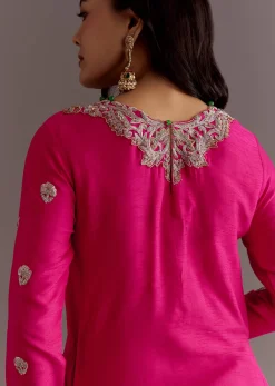 Pink Silk Asymmetrical Zardosi Work Kurta Dhoti Set