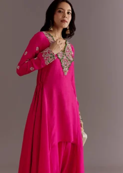 Pink Silk Asymmetrical Zardosi Work Kurta Dhoti Set