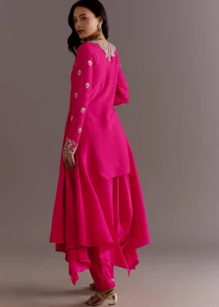Pink Silk Asymmetrical Zardosi Work Kurta Dhoti Set