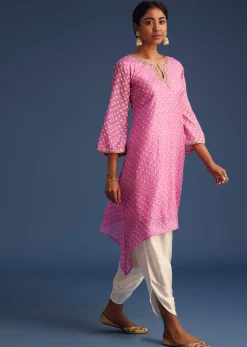 Pink Silk Bandhani Embroidered Asymmetrical Kurta Dhoti Set