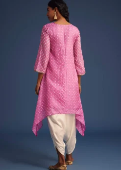 Pink Silk Bandhani Embroidered Asymmetrical Kurta Dhoti Set