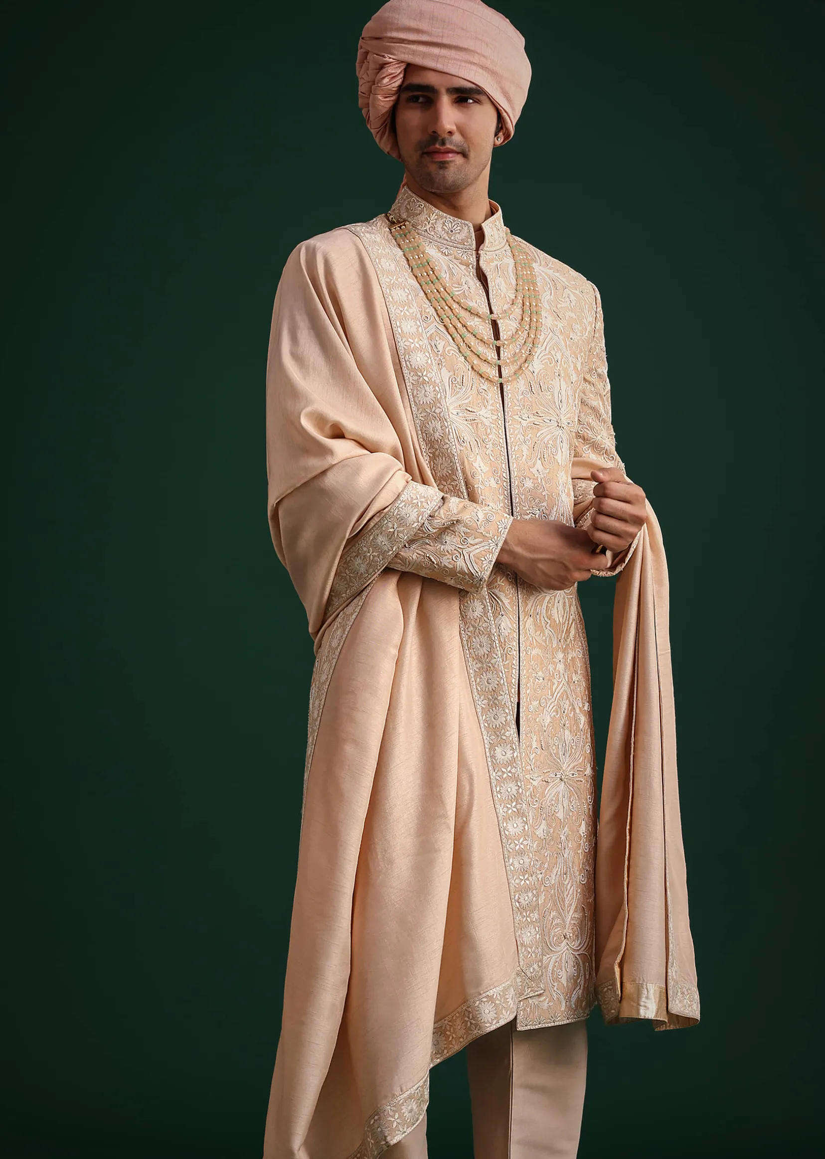 Pink Silk Blend Cotton Silk Sherwani Dupatta Set With Beaded Aari Work