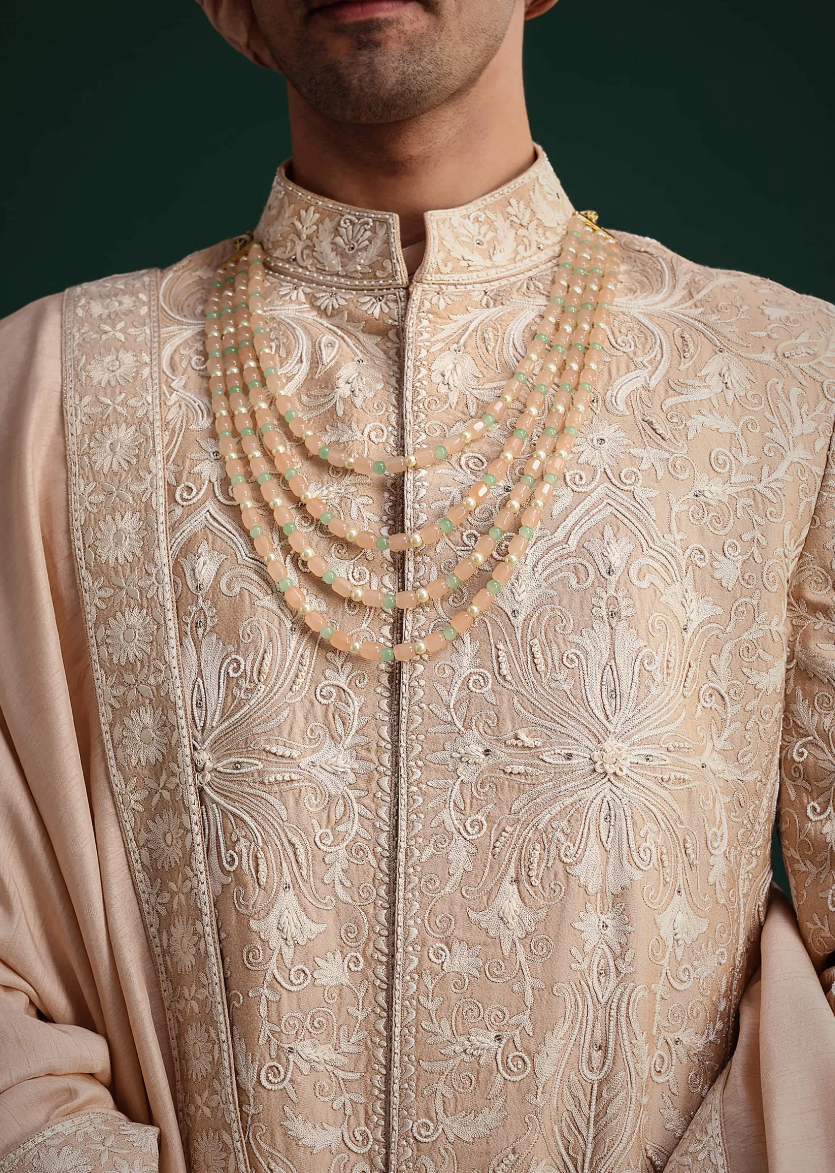 Pink Silk Blend Cotton Silk Sherwani Dupatta Set With Beaded Aari Work