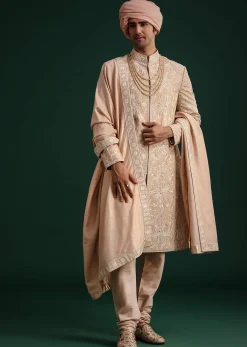 Pink Silk Blend Cotton Silk Sherwani Dupatta Set With Beaded Aari Work