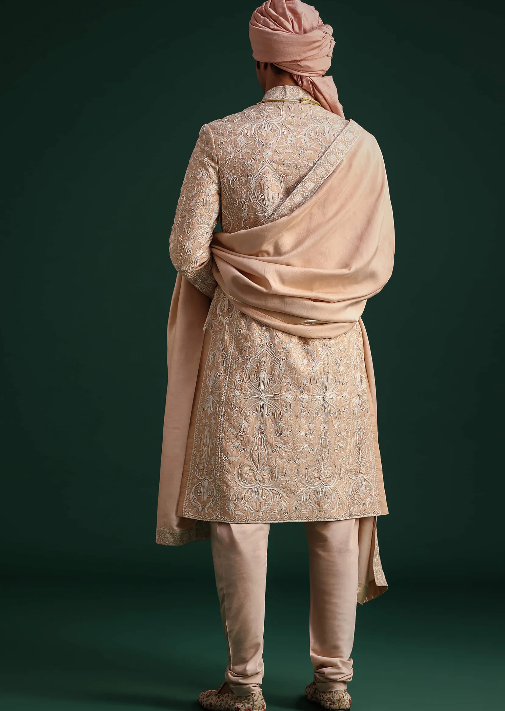 Pink Silk Blend Cotton Silk Sherwani Dupatta Set With Beaded Aari Work