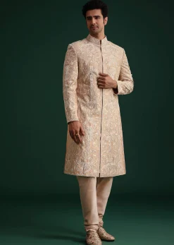 Pink Silk Blend Cotton Silk Sherwani Dupatta Set With Beaded Aari Work
