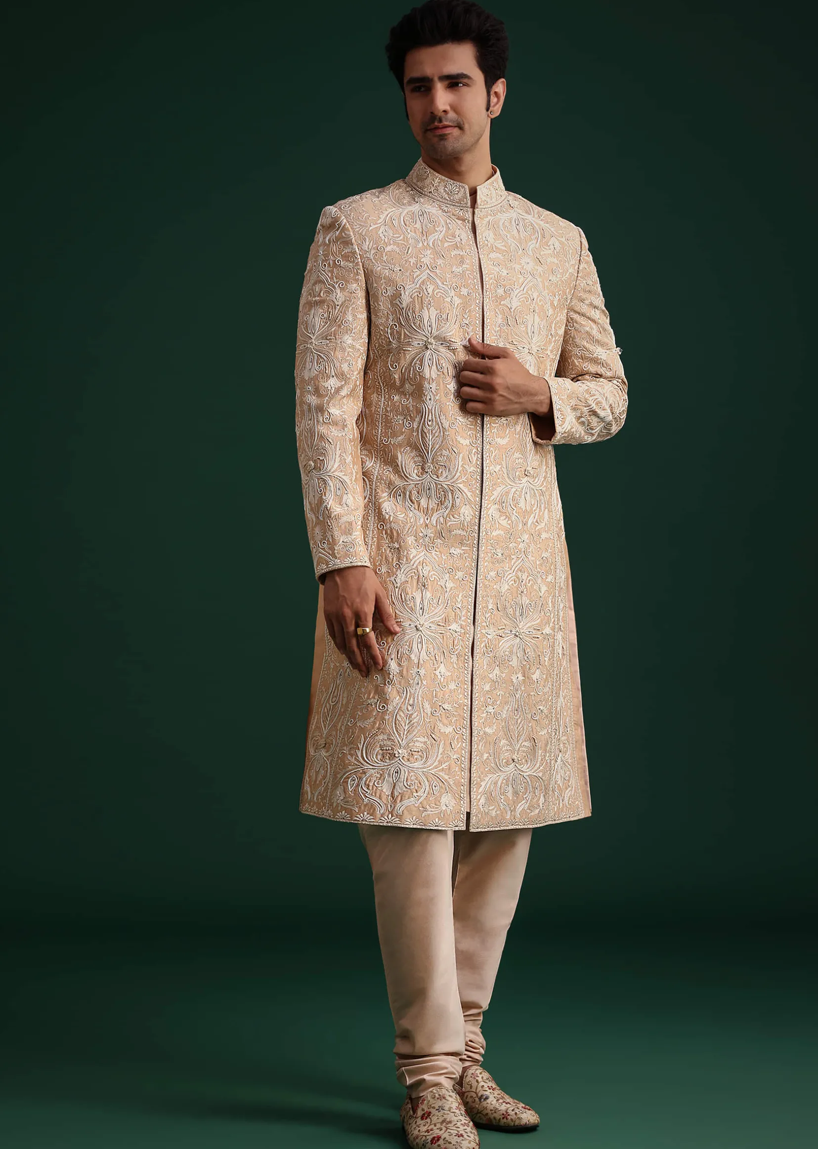 Pink Silk Blend Cotton Silk Sherwani Dupatta Set With Beaded Aari Work