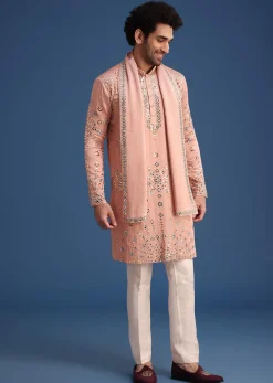 Pink Silk Blend Mirror Embroidered Kurta Dupatta Set