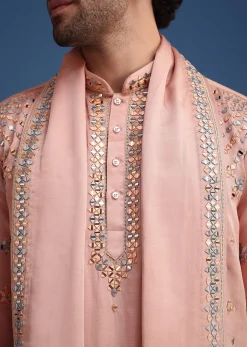 Pink Silk Blend Mirror Embroidered Kurta Dupatta Set