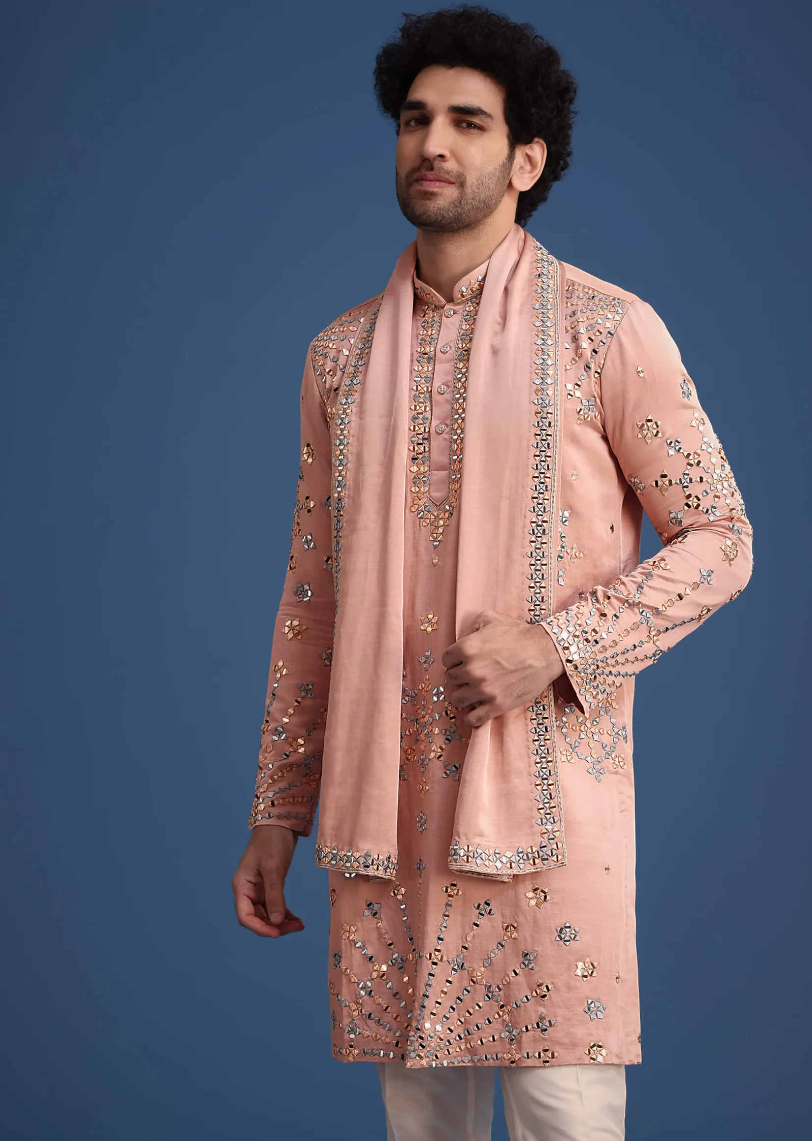 Pink Silk Blend Mirror Embroidered Kurta Dupatta Set