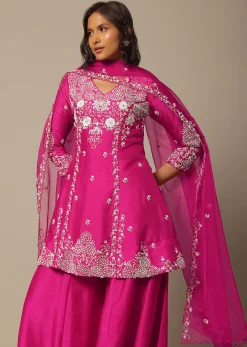 Pink Silk Embroidered Kurta Palazzo Set