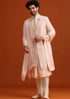 Pink Silk Embroidered Sherwani Set With Dupatta