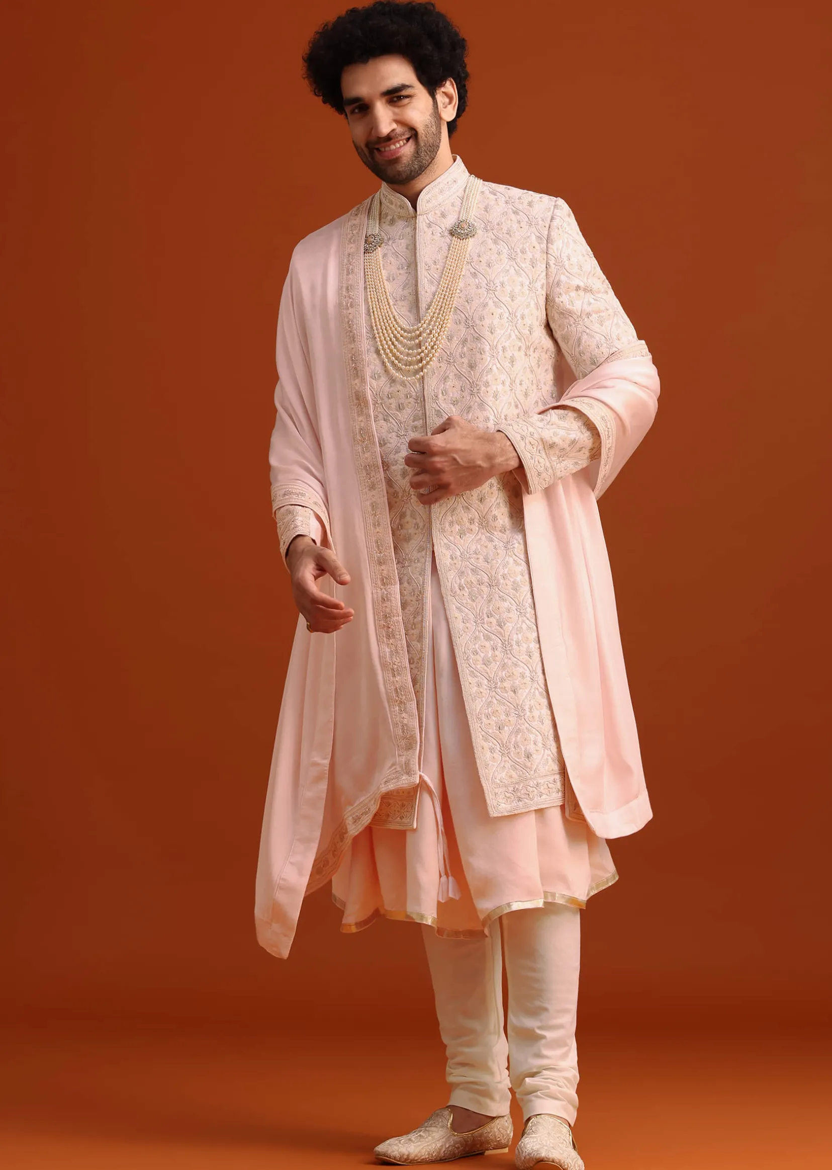 Pink Silk Embroidered Sherwani Set With Dupatta