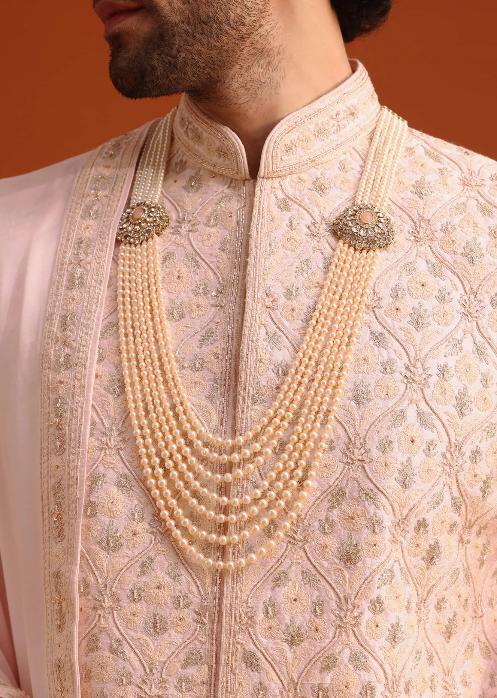 Pink Silk Embroidered Sherwani Set With Dupatta