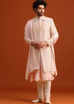 Pink Silk Embroidered Sherwani Set With Dupatta
