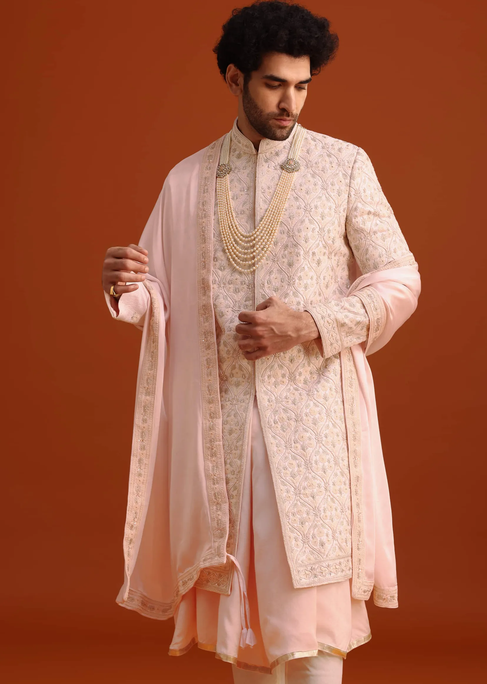 Pink Silk Embroidered Sherwani Set With Dupatta