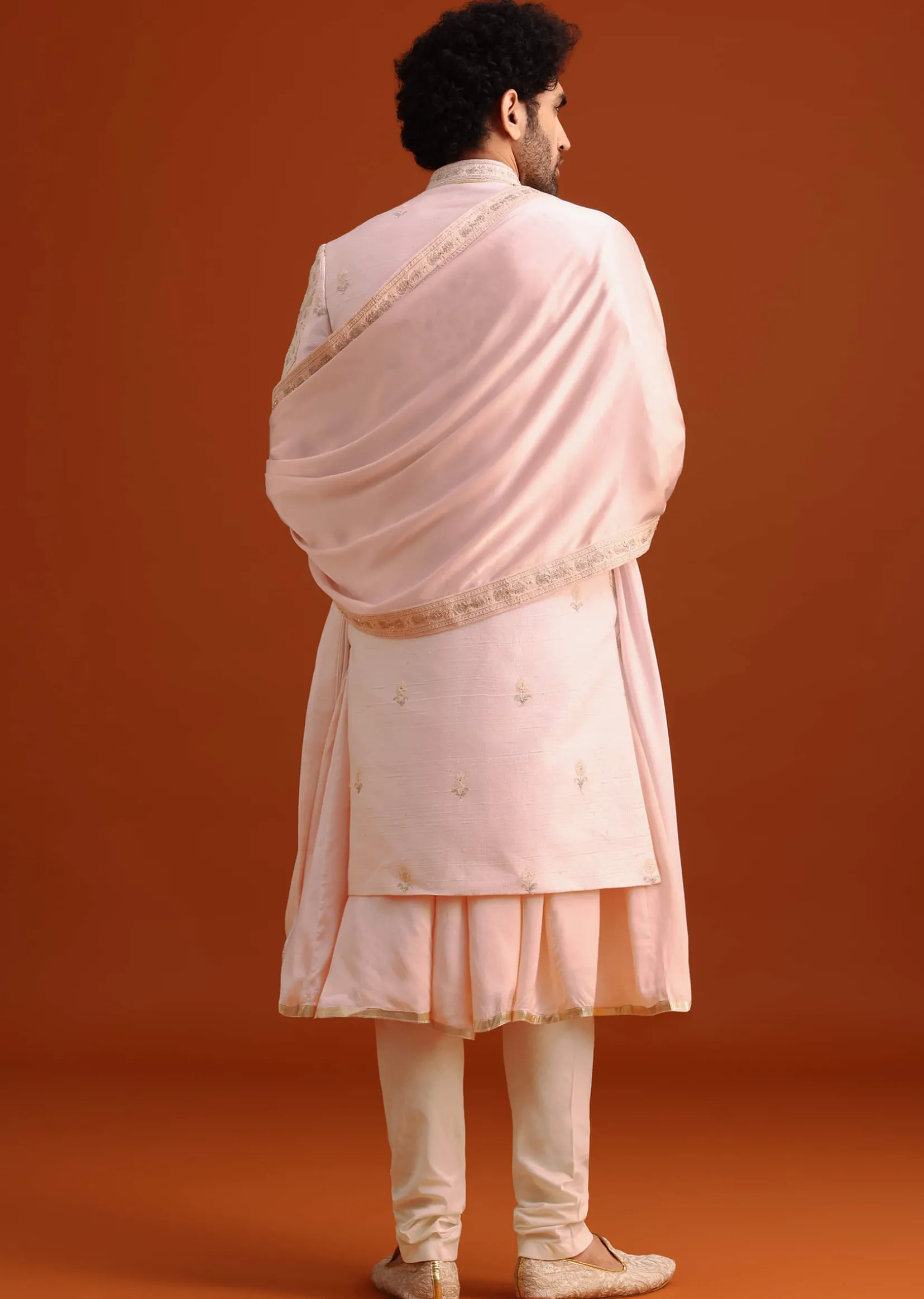 Pink Silk Embroidered Sherwani Set With Dupatta