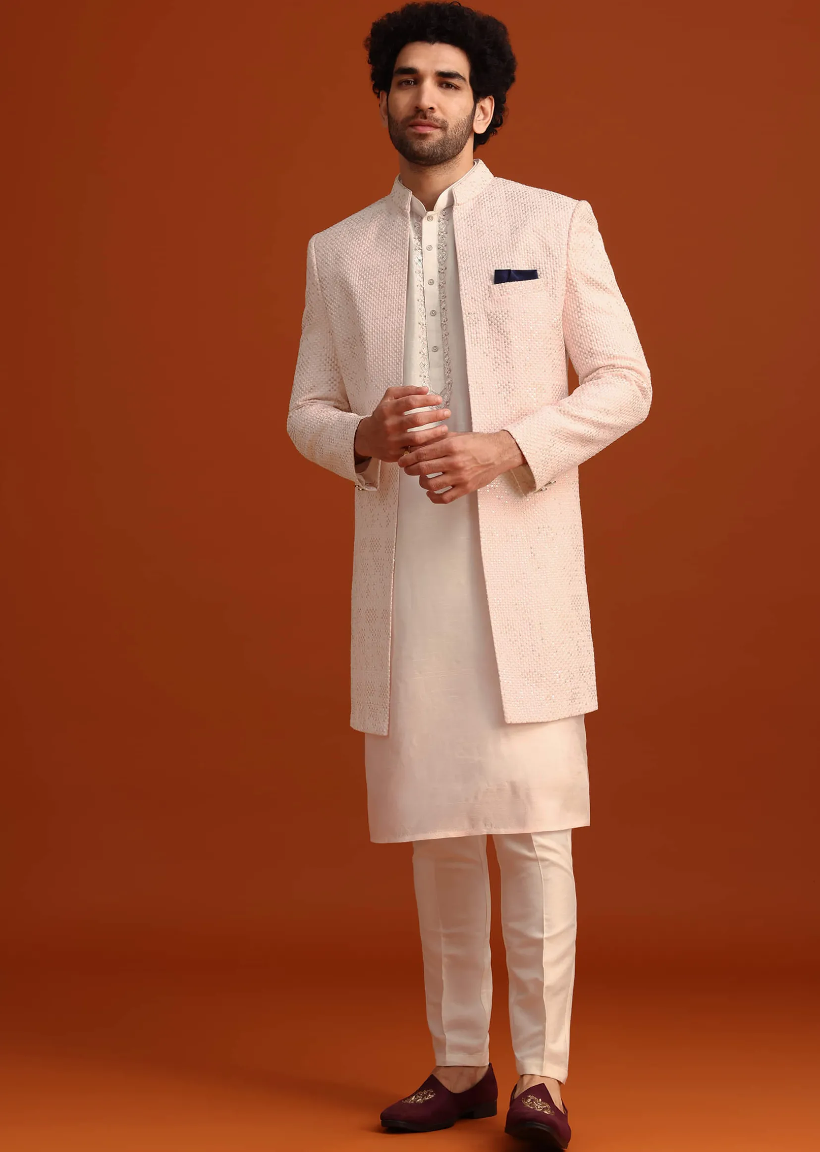 Pink Silk Embroidered Sherwani Set
