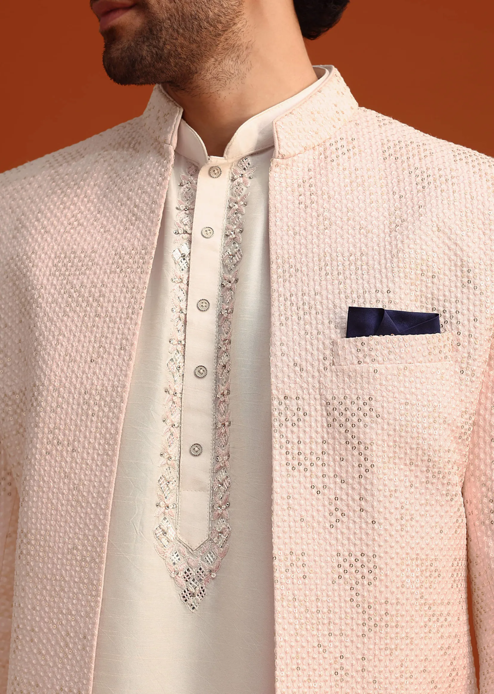 Pink Silk Embroidered Sherwani Set