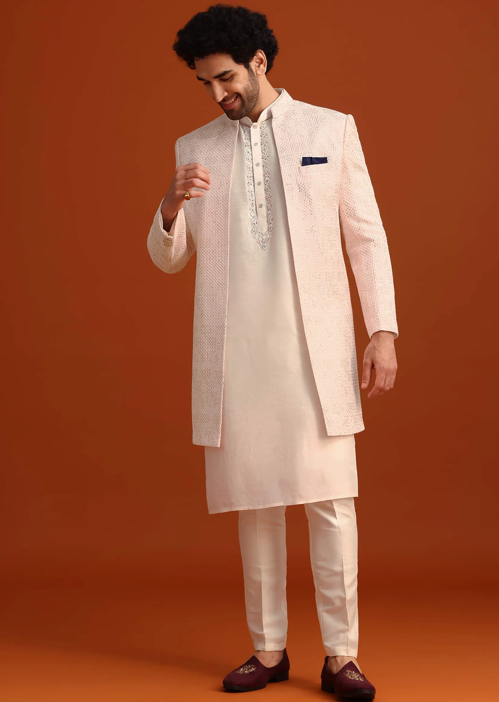 Pink Silk Embroidered Sherwani Set