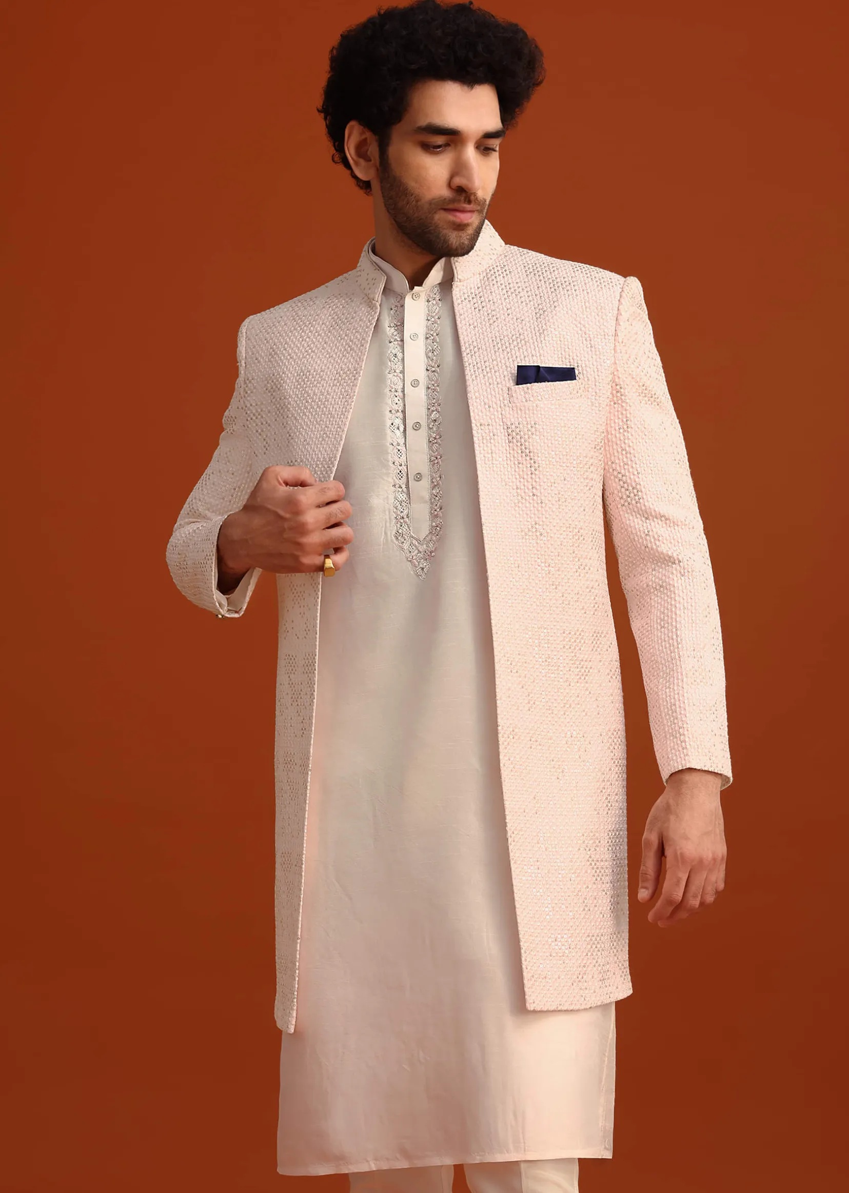 Pink Silk Embroidered Sherwani Set
