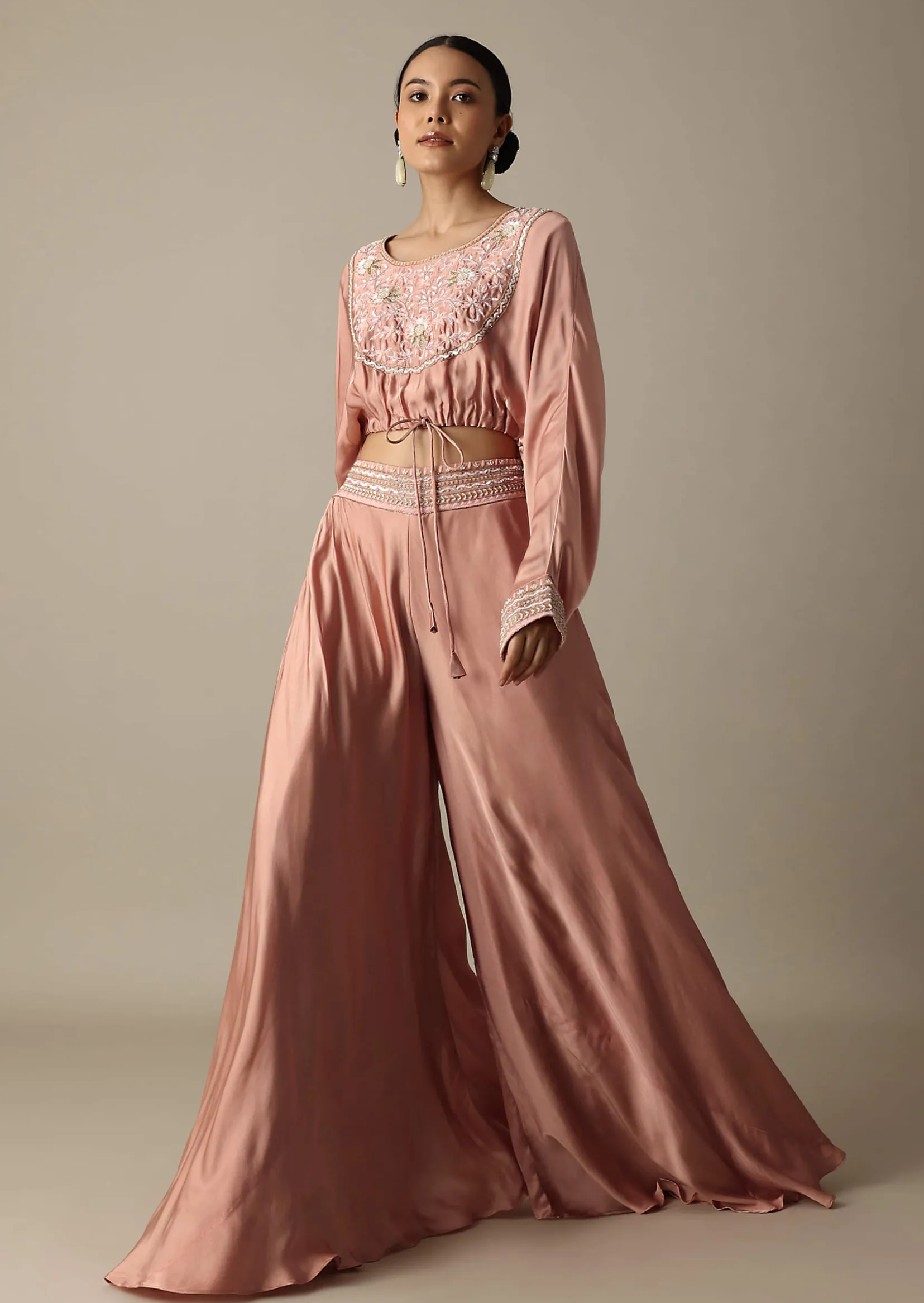 Pink Silk Embroidery Crop Top With Palazzo