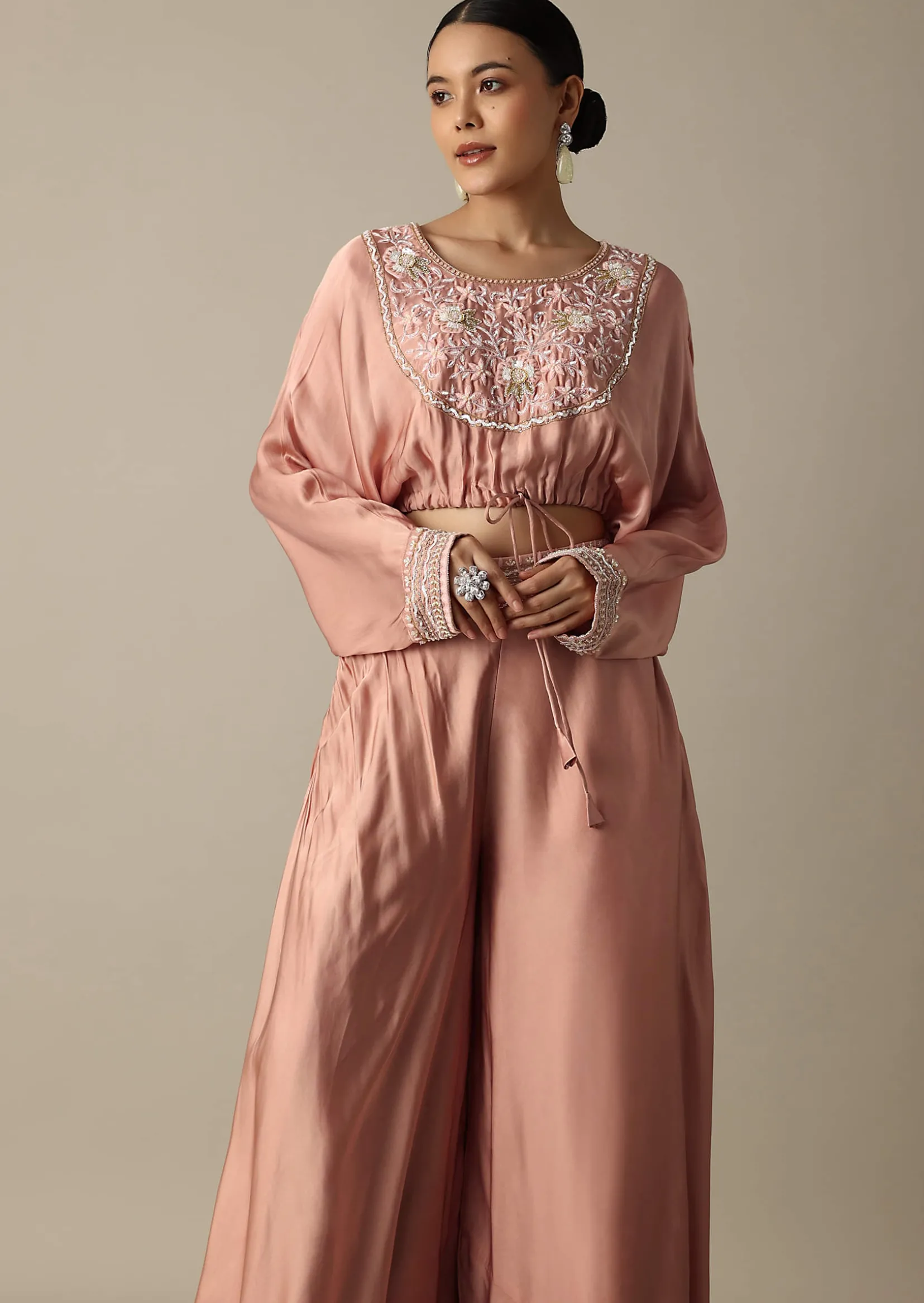 Pink Silk Embroidery Crop Top With Palazzo