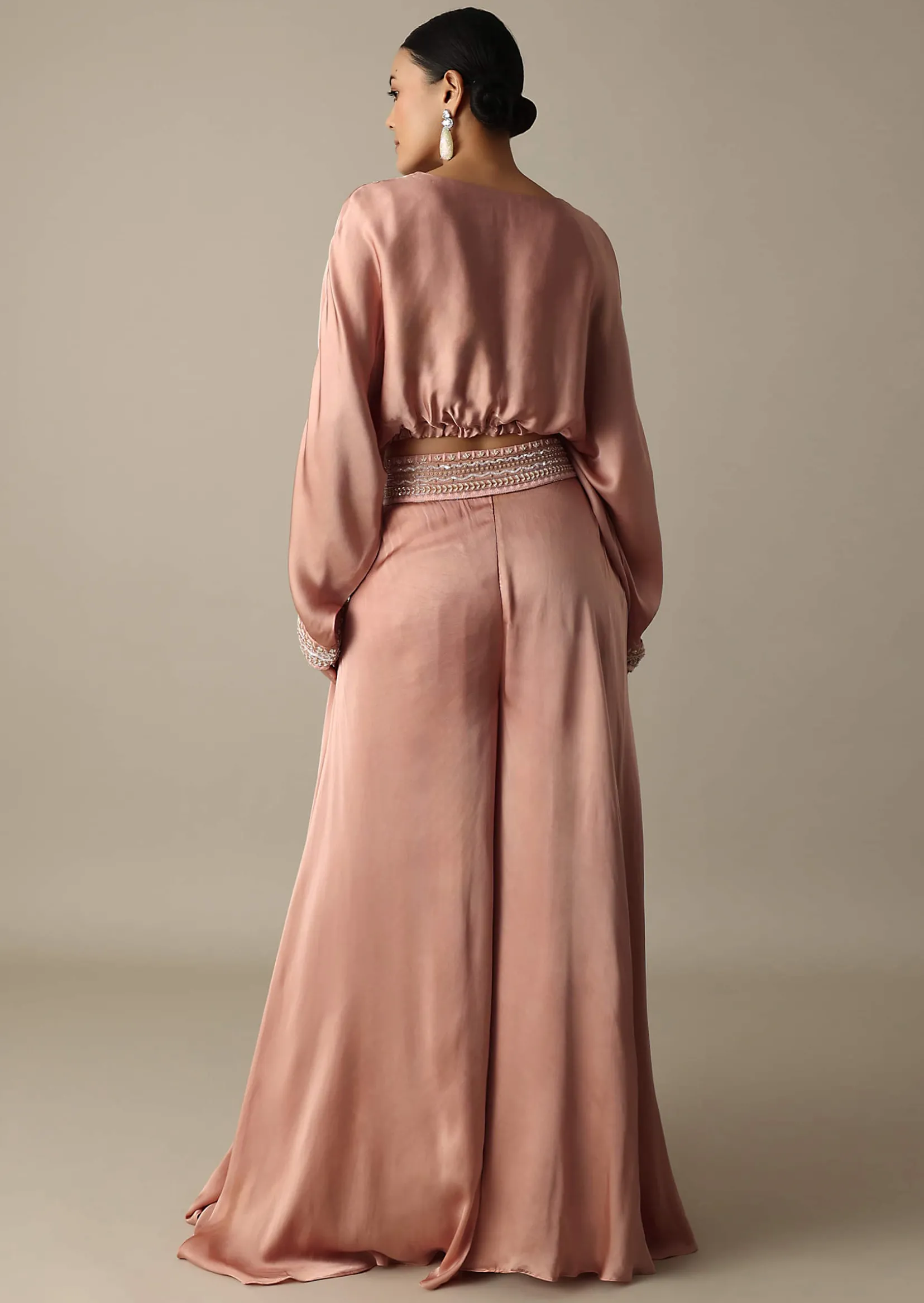 Pink Silk Embroidery Crop Top With Palazzo