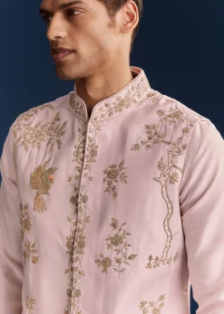 Pink Silk Floral Kurta Jacket Set With Resham And Cutdana Detailing
