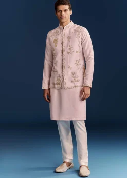 Pink Silk Floral Kurta Jacket Set With Resham And Cutdana Detailing