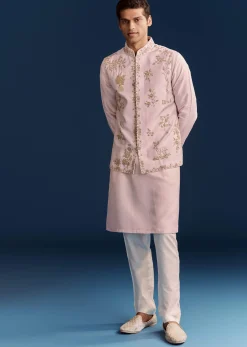 Pink Silk Floral Kurta Jacket Set With Resham And Cutdana Detailing