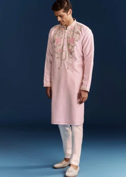 Pink Silk Flroal Printed Kurta Set With Resham Work