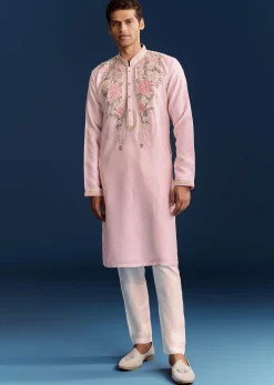 Pink Silk Flroal Printed Kurta Set With Resham Work