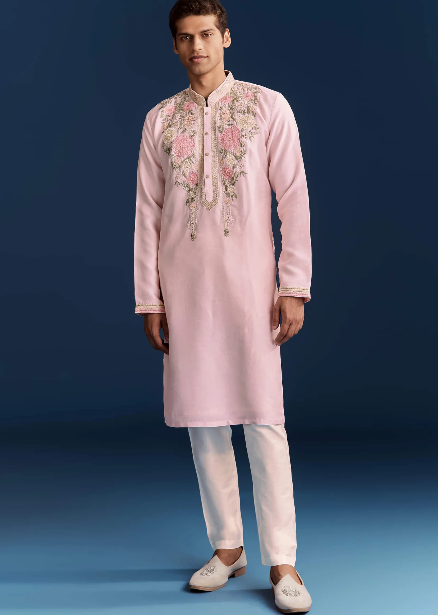 Pink Silk Flroal Printed Kurta Set With Resham Work